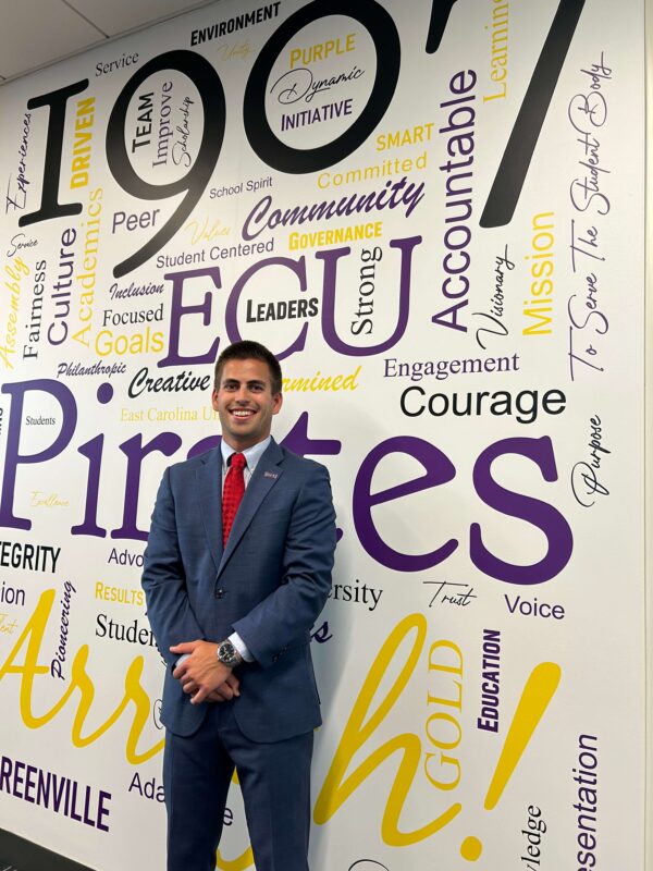 Anderson Ward in front of ECU sign